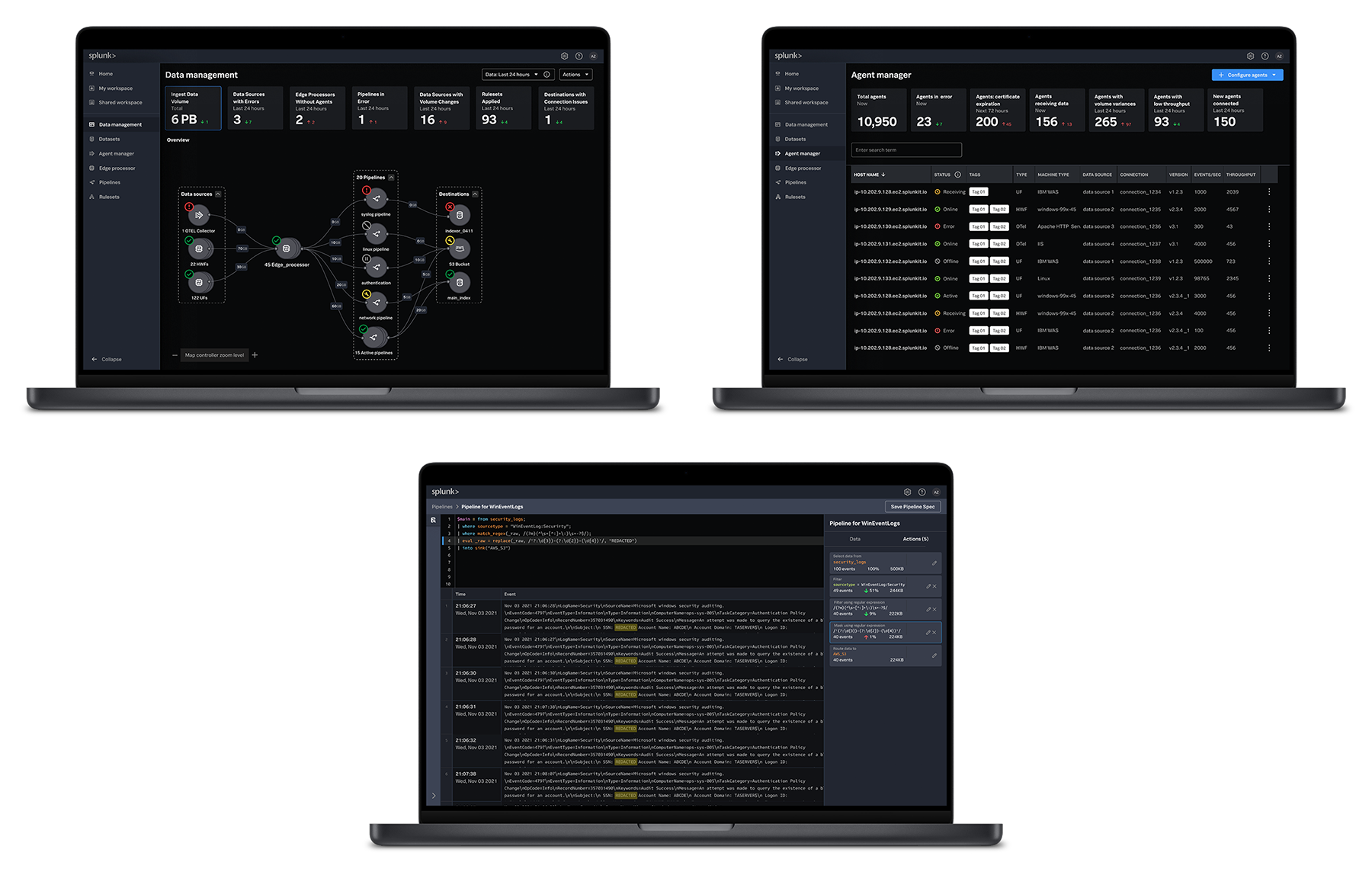 Screenshots of the final designed data processing solution showing different data connections and flow visualizations.