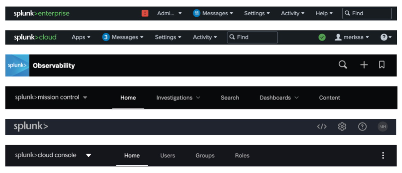 Screenshots of the many different product navigation UIs that existed in the Splunk product portfolio.