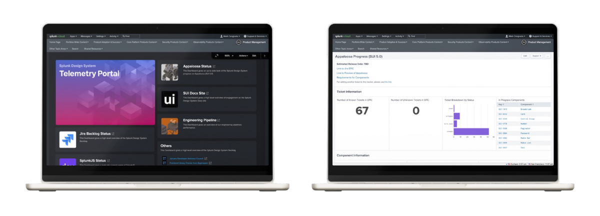 Internal design system update and usage metric screens.