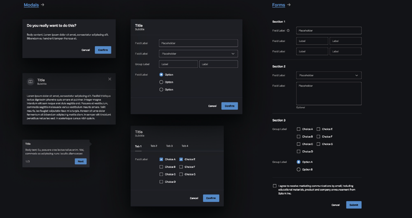 Examples of components in the final Splunk UI design system.