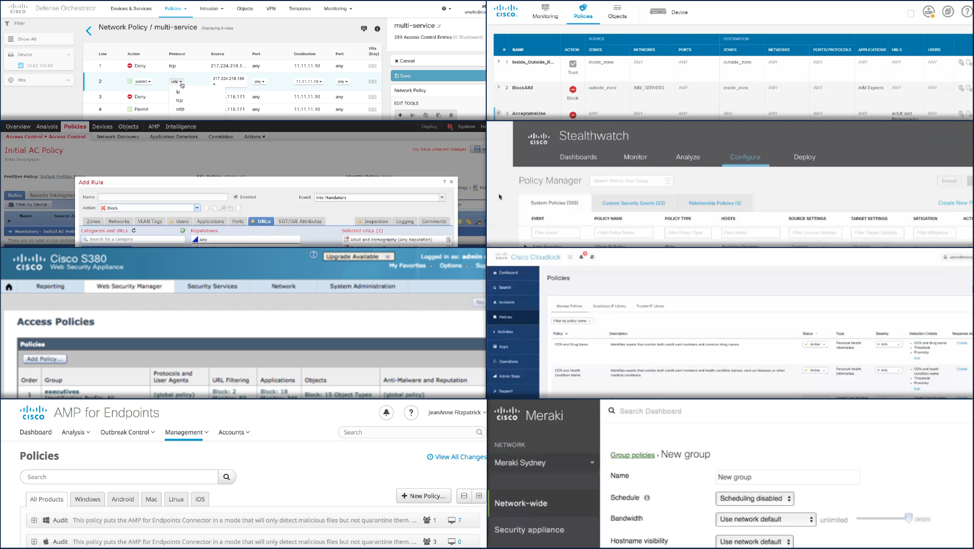 Screenshots of policy management UIs in the Cisco cybersecurity portfolio.